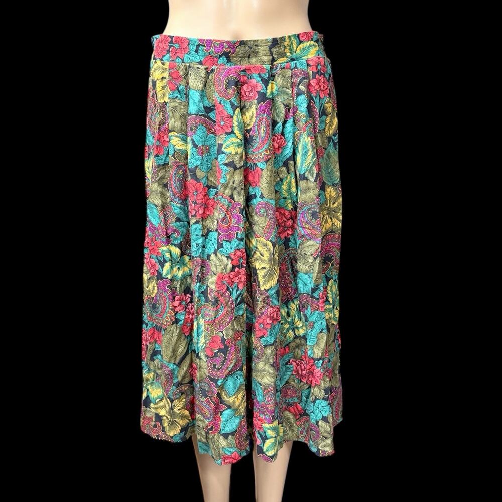 Vtg Womens Midi Skirt Sz 14 USA Made Retro Floral Paisley Pleated Pull On